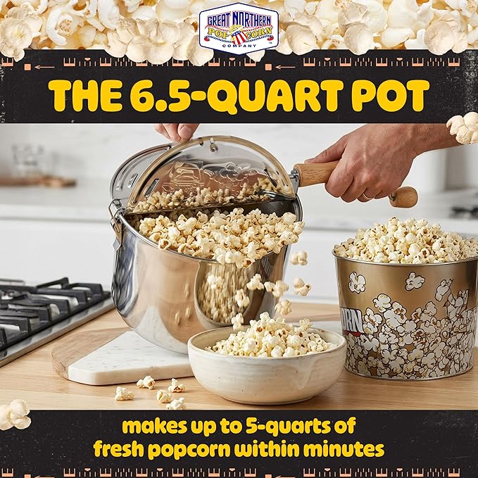 Stovetop Popcorn Maker - 6.5-Quart Stainless-Steel Popcorn Popper with a Hand Crank, Vented Lid, and Stir Paddle by Great Northern Popcorn (Silver)