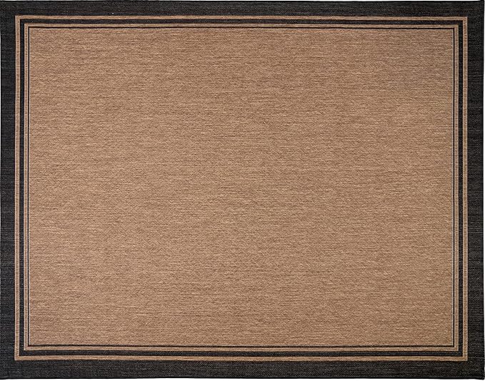 Gertmenian Indoor/Outdoor Flatweave Area Rug - 9x13 Extra Large, Stain & UV Resistant, Ideal For Deck, Patio, Poolside, Mudroom - Simple Border, Black/Tan, 22012