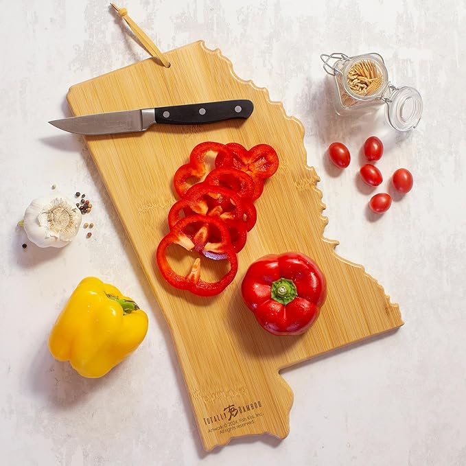 Totally Bamboo Mississippi State Shaped Cutting Board and Charcuterie Serving Platter with Artwork by Fish Kiss, Includes Hang Tie for Wall Display