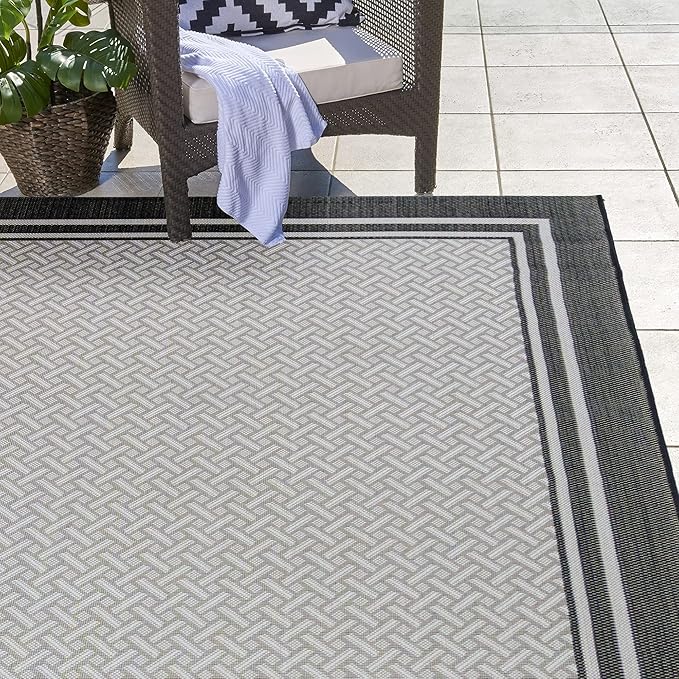 Gertmenian Indoor/Outdoor Flatweave Area Rug - 8x10 Large, Stain & UV Resistant, Ideal For Deck, Patio, Poolside, Mudroom - Border, White & Black, 23018