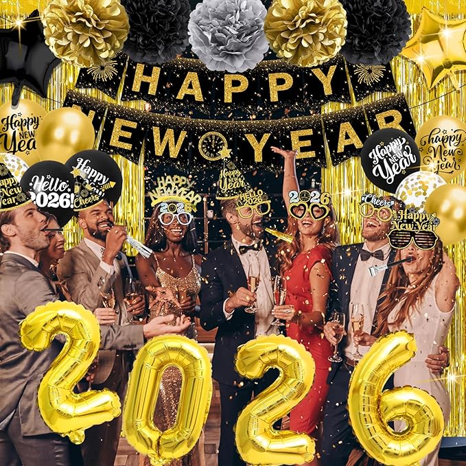 New Year Decorations 2026 - Black Gold Happy New Year Party Supplies Set include Banner, Balloons, Hats, Headbands, Glasses, Blowouts and Squawkers