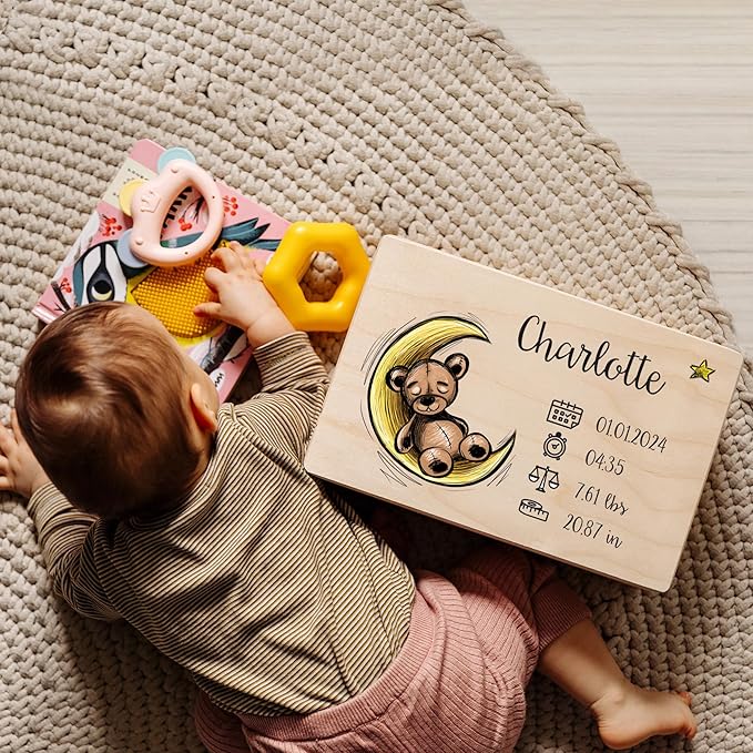 Creative Deco Personalized Wooden Storage Box Baby Memory Box | 11.8 x 7.87 x 5.51 in (+-0.5) | Hinged Lid Handle Engraving | Unpainted Gift Box | Rough UNSANDED Keepsake Souvenir Chest
