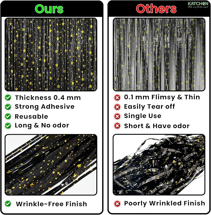 KatchOn, XtraLarge Black Streamers, Pack of 2 | Star Fringe Backdrop for Black Birthday Decorations | Tinsel Backdrop for New Years Decorations 2026 | NYE 2026, New Years Eve Party Supplies 2026