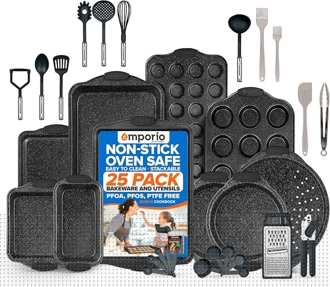 Emporio Kitchen Baking Pan Set - Nonstick Coating, Carbon Steel Bakeware Set with Gray Silicone Handles, PFOA, PFOS, PTFE Free, Recipe Booklet Included, Oven Safe Tray (Up To 450° F), Set of 25 - Gray