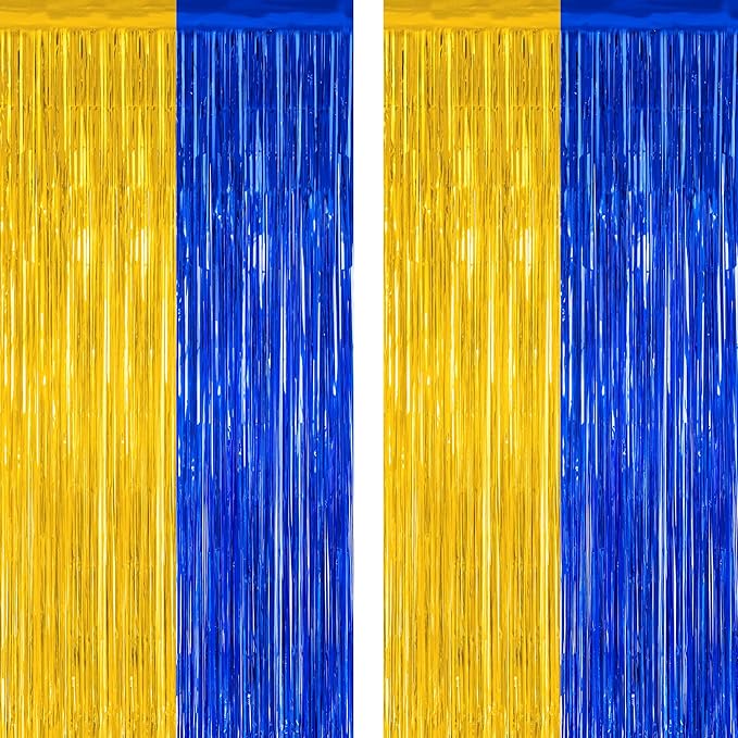 2 Pack Graduation Backdrop, 3.28 FT x 7.05 FT Class of 2026 Decorations, Blue Gold Fringe Curtains Tinsel Backdrop Party Streamer, Metallic Blue and Gold Graduation Decorations 2026