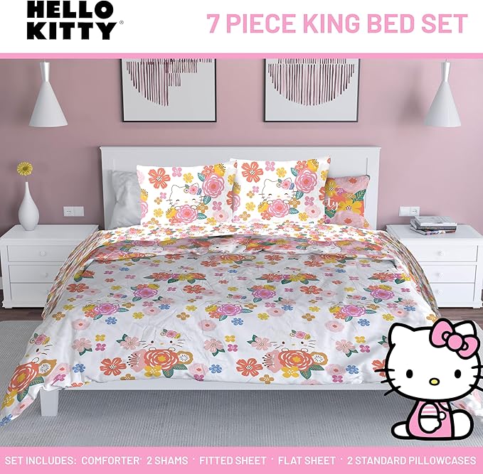 Jay Franco Hello Kitty King Size Comforter Set - 7 Piece Bedding Includes Sheet Set & Pillow Covers - Super Soft Floral Bedding