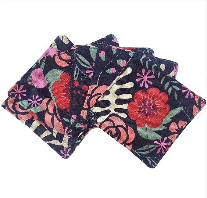 CUSHYSTORE Canvas 2 Layers Coasters Saucers Absorbant Mat Pad Floral Botanical Style Fabric for Glass Cup Drinking 4inche, 6 Pack (Navy Exotic Flowers), Navy Blue
