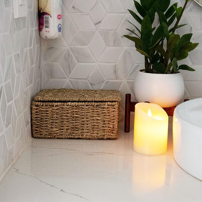 Seagrass Rectangle Storage Boxes w Lid | Set 2 Household Essential Shelf Organizer - Decorative Wicker Bins for Home Office, Nusery Supplies, Kitchen Accessories - Rustic Bathroom Toilet Tank Topper