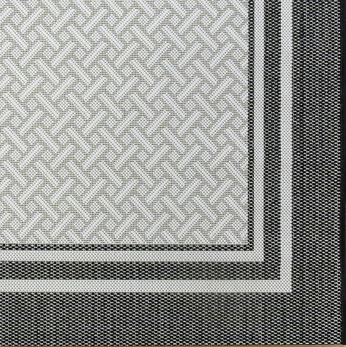 Gertmenian Indoor/Outdoor Flatweave Area Rug - 8x10 Large, Stain & UV Resistant, Ideal For Deck, Patio, Poolside, Mudroom - Border, White & Black, 23018