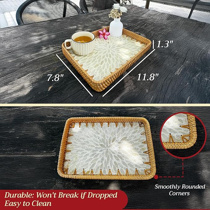 Rattan Rectangle Tray with Mother of Pearl Inlay – Unique Decorative Rattan Serving Tray for Coffee Table, Bathroom Vanity, Perfume & Nightstand – Ideals for Housewarming (White 11.8")