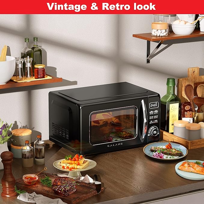 Galanz GLCMKZ11BKR10 Retro Countertop Microwave Oven with Auto Cook & Reheat, Defrost, Quick Start Functions, Easy Clean with Glass Turntable, Pull Handle, 1.1 cu ft, Black