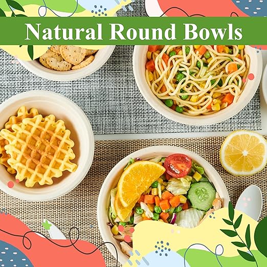 12oz Paper Sugarcane Disposable Bowls for Salads, Dessert and Cereals- Eco Friendly/Natural- Pack of 50ct