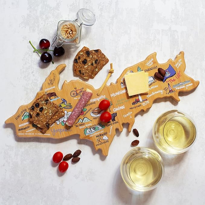Totally Bamboo Michigan Upper Peninsula State Shaped Cutting Board and Charcuterie Serving Platter with Artwork by Fish Kiss, Includes Hang Tie for Wall Display