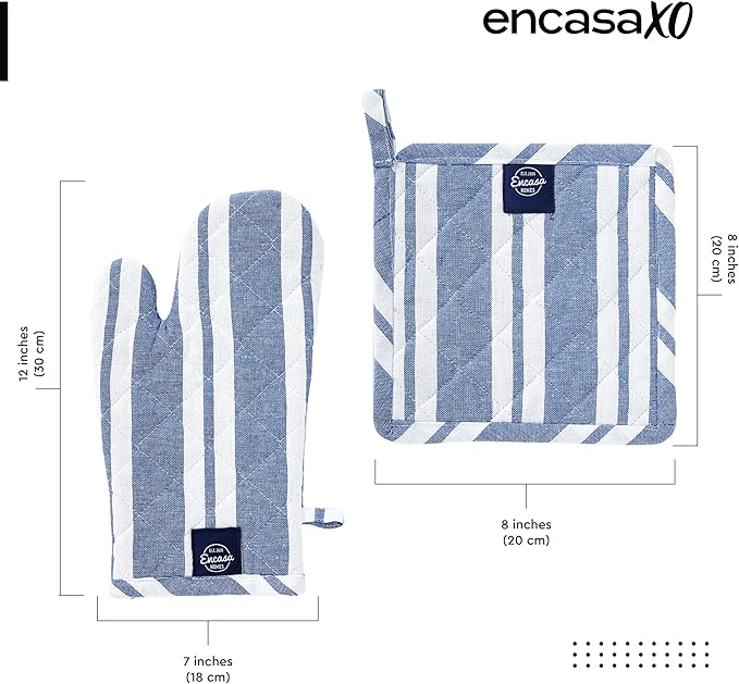 Encasa XO Heat Resistant 100% Cotton Oven Glove & Potholder Set with Loop, Kitchen Cooking Mittens, Microwave Safe Hot Pads (Franca Blue Stripes)