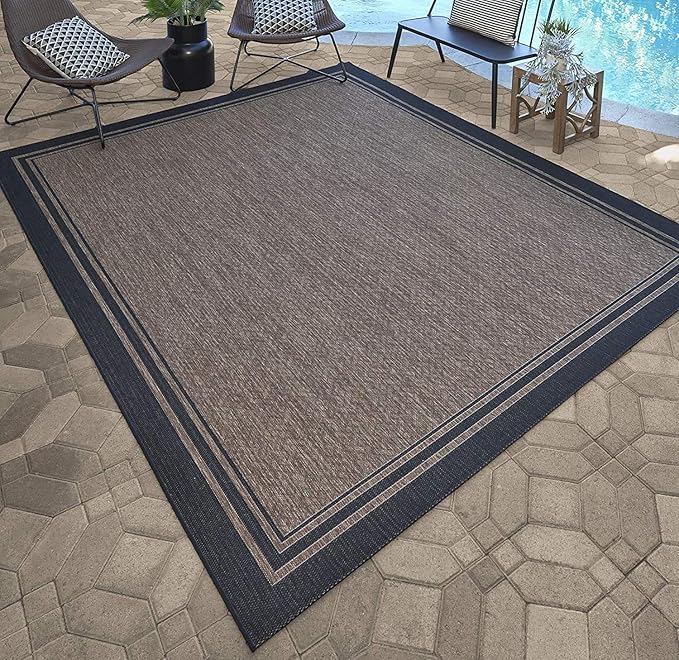 Gertmenian Indoor/Outdoor Flatweave Area Rug - 6x9 Medium, Stain & UV Resistant, Ideal for Deck, Patio, Poolside, Mudroom - Simple Border, Black Nut Brown, 22225