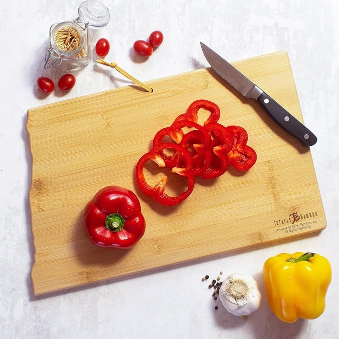 Totally Bamboo North Dakota State Shaped Cutting Board and Charcuterie Serving Platter with Artwork by Fish Kiss, Includes Hang Tie for Wall Display