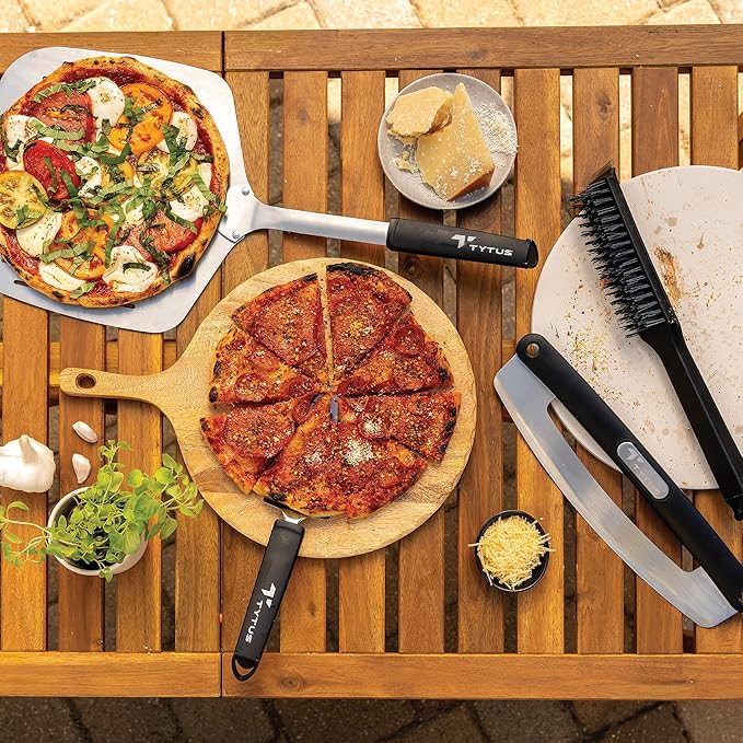 TYTUS Pizza Oven Tool Set 4 Pieces - 12" x 12" Peel, Sharp Rocker, Server & Nylon Stone Brush for Gas Fired Emberwood Pizza Oven