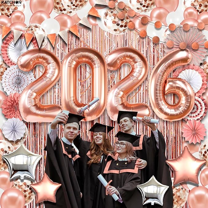 KatchOn, Rose Gold Birthday Decorations Set - Huge Pack of 145 | Rose Gold Fringe Backdrop, Balloons, Garland for Birthday Decorations, Graduation Decorations 2026 | Graduation Eve Party Supplies