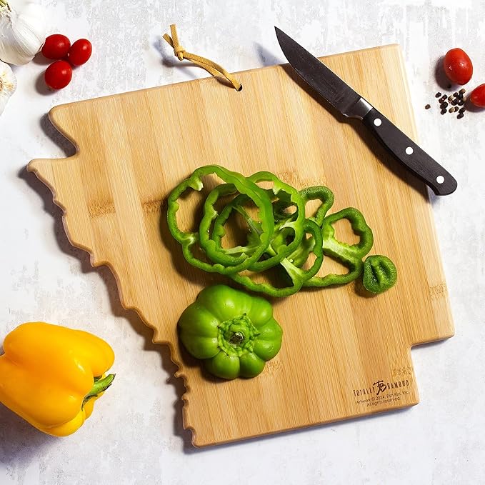 Totally Bamboo Arkansas State Shaped Cutting Board and Charcuterie Serving Platter with Artwork by Fish Kiss, Includes Hang Tie for Wall Display