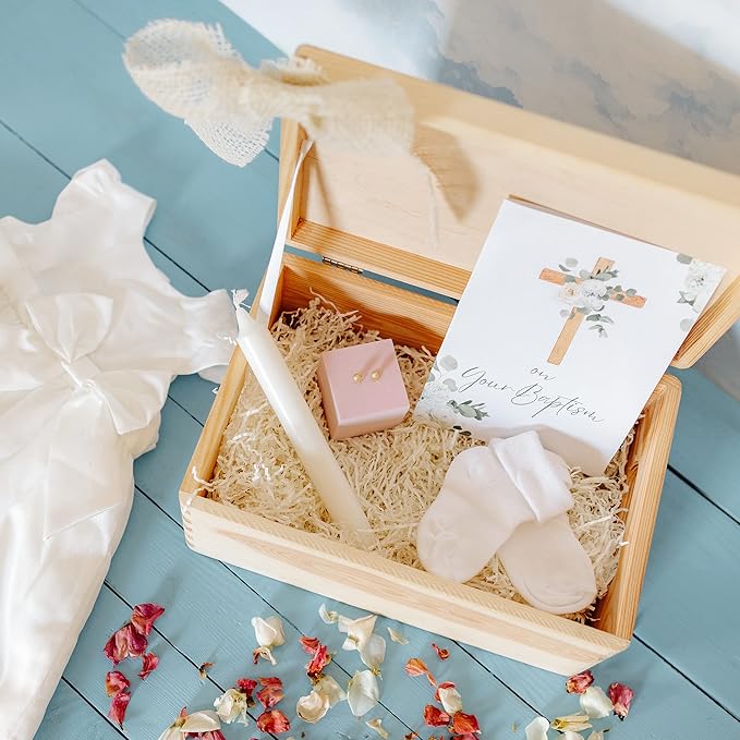 Creative Deco Personalized Wooden Storage Box Baptism Box | 11.8 x 7.87 x 5.51 in (+-0.5) | Candle | Hinged Lid Handles Engraving | Unpainted Gift Box | Rough UNSANDED Keepsake Souvenir Chest