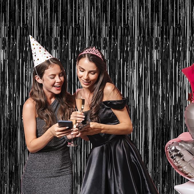 2 Pack 2026 Graduation Party Decorations, 3.28 FT x 7.05 FT Black Backdrop, Metallic Halloween Decorations Photo Backdrop Fringe Curtains Tinsel Backdrop Foil Streamer, Grad Party Supplies