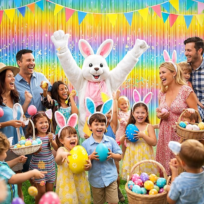 Easter Decorations - Rainbow Tinsel Streamers Backdrop Banner | Easter Party Favors Supplies Indoor Outdoor - Spring Birthday Decor Party Accessories for Wall Door
