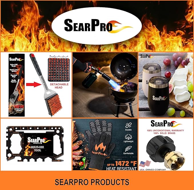 4-in-1 Grill Brush Combo by SearPro BBQ Cleaner Scraper Barbecue Tool Accessories Kit Heat Resistant Nylon Bristle Spatula Outdoor Smoker Black Stone Grate Cast Iron Spatula Non-Wire Brush (4 in 1)