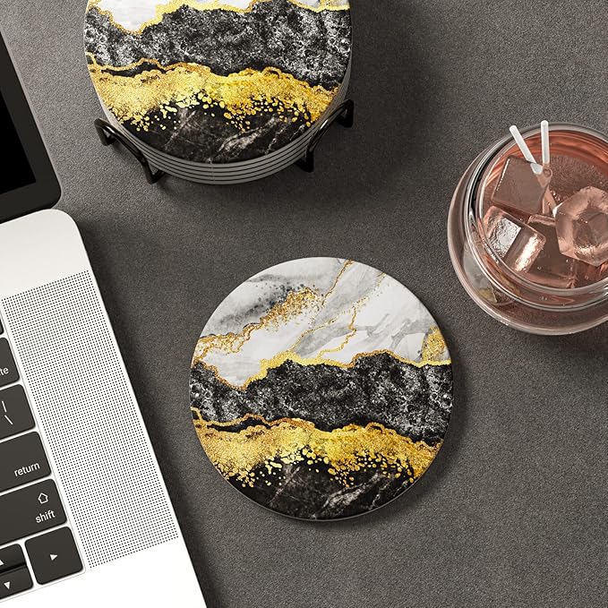 Nipichsha Coasters for Drinks, Set of 6 Cute Absorbent Ceramic Drink Coasters for Cup with Holder and Cork Base, Kitchen Home Decor Housewarming Gift, Round 4 in, White Black Gold