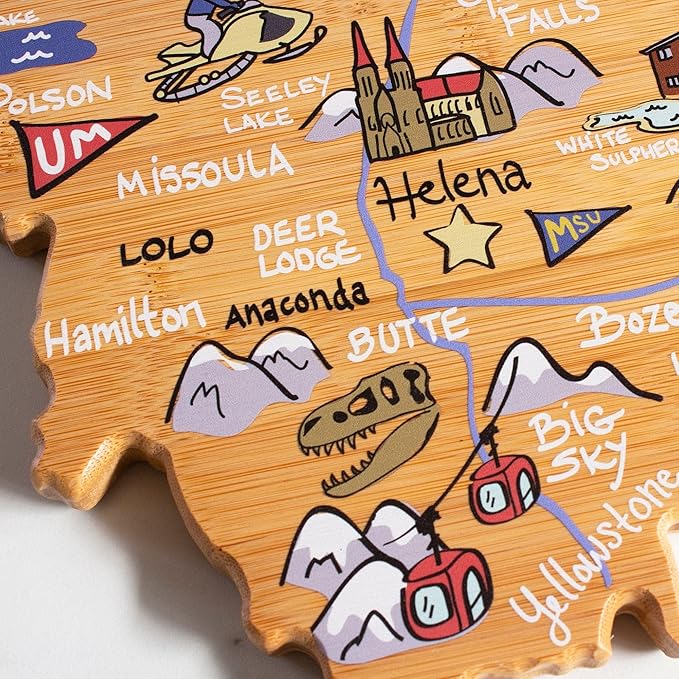 Totally Bamboo Montana State Shaped Cutting Board and Charcuterie Serving Platter with Artwork by Fish Kiss, Includes Hang Tie for Wall Display