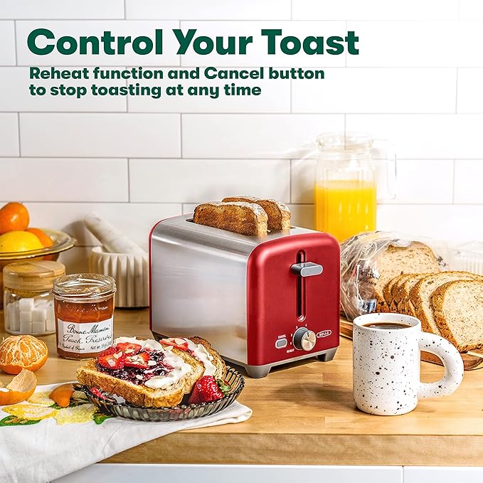 BELLA 2 Slice Toaster, Quick & Even Results Every Time, Wide Slots Fit Any Size Bread Like Bagels or Texas Toast, Drop-Down Crumb Tray for Easy Clean Up, Stainless Steel and Red