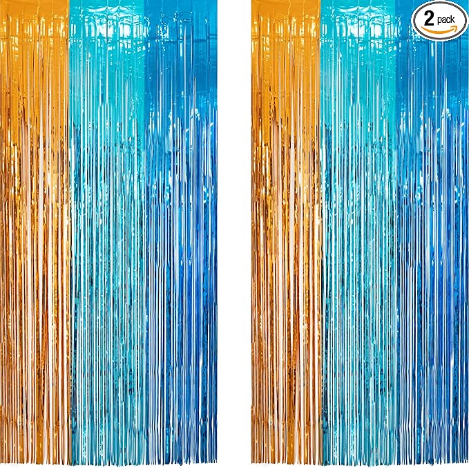 Orange Blue Party Streamers Backdrop - GREATRIL Tinsel Fringe Curtain for Blue Dogs Themed Birthdays Decoration 2 Packs