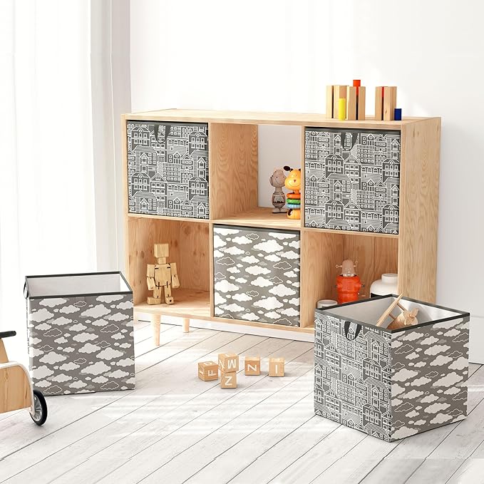 Bacati - Small Storage Tote Clouds in the City White/Grey Neutral 10 X 10 x10 inches