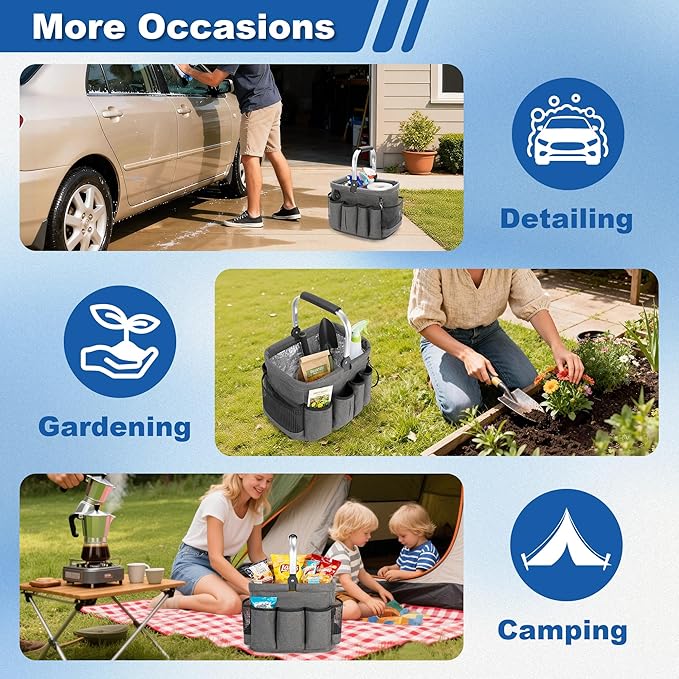 PGmoon Cleaning Caddy Organizer with Handle, Cleaning Tote Bag with Multiple Pockets for Cleaning Supplies, Products Storage, Housekeepers, Car Cleaning, Grey
