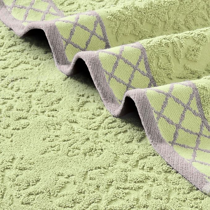 Modern Threads 6 Piece Cotton Bath Towel Set – Ultra Soft 550 GSM Towels – Bathroom Set with Hand Towels and Washcloths – Diamond Border (Soft Olive)