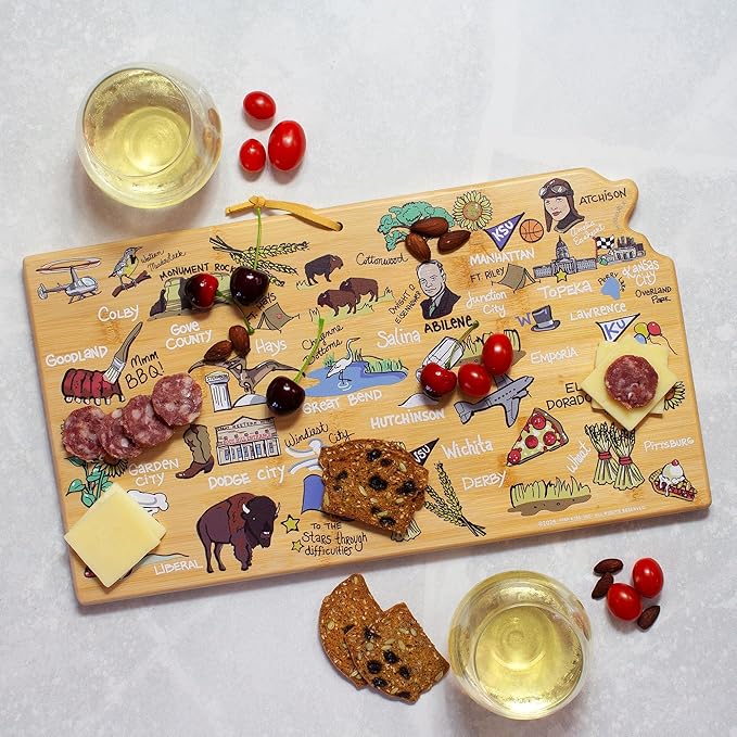 Totally Bamboo Kansas State Shaped Cutting Board and Charcuterie Serving Platter with Artwork by Fish Kiss, Includes Hang Tie for Wall Display