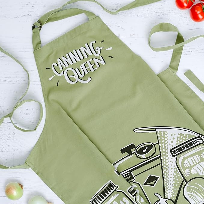 Primitives by Kathy Homestead Canning Apron, Canning Queen Sentiment, 100% Cotton, Hand Illustrated Design, Adjustable Neck and Waist, Machine Washable, Green