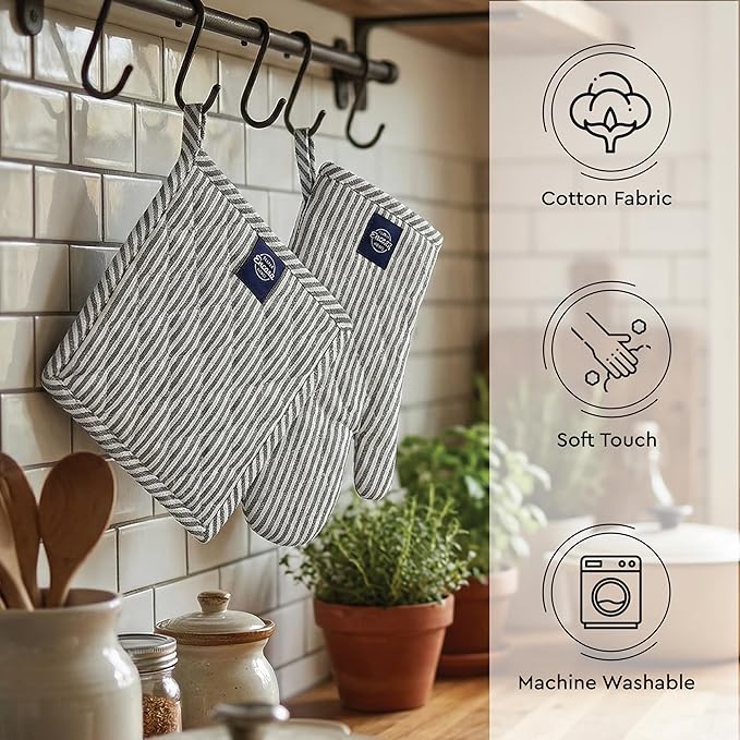 Encasa XO Heat Resistant 100% Cotton Oven Glove & Potholder Set with Loop, Kitchen Cooking Mittens, Microwave Safe Hot Pads (Ticking Black)