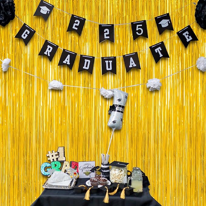 4 Pack 2026 Graduation Party Decorations, 3.28 x 7.05 Feet Gold Grad Curtains, Metallic Gold Backdrop Curtain Class of 2026 Backdrop Party Streamer, Congrad Backdrop Grad Decor 2026