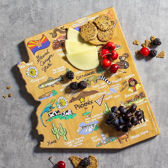 Totally Bamboo Arizona State Shaped Cutting Board and Charcuterie Serving Platter with Artwork by Fish Kiss, Includes Hang Tie for Wall Display