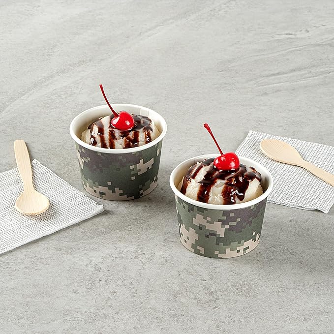 Restaurantware Coppetta 4-Ounce Dessert Cups, 50 Disposable Ice Cream Cups - Lids Sold Separately, Heavy-Duty, Camouflage Paper Frozen Yogurt Bowls, For Hot And Cold Foods
