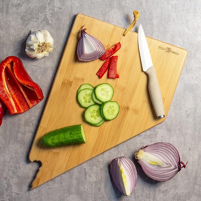 Totally Bamboo Nevada State Shaped Cutting Board and Charcuterie Serving Platter with Artwork by Fish Kiss, Includes Hang Tie for Wall Display