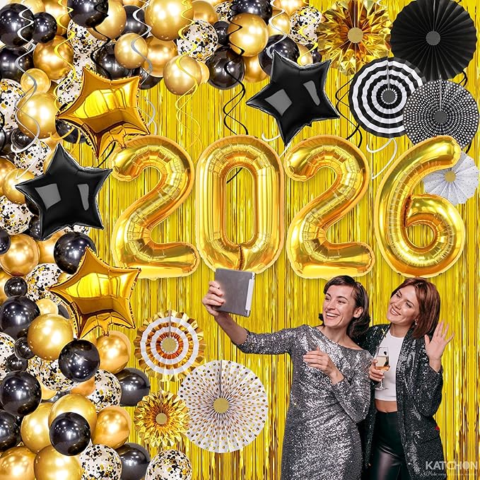 KatchOn, New Years Eve Party Supplies 2026 - Huge Set, Pack of 112 | Black and Gold 2026 Balloon Arch Kit with Gold Fringe Curtain Backdrop | Happy New Year Decorations 2026, NYE Decorations 2026