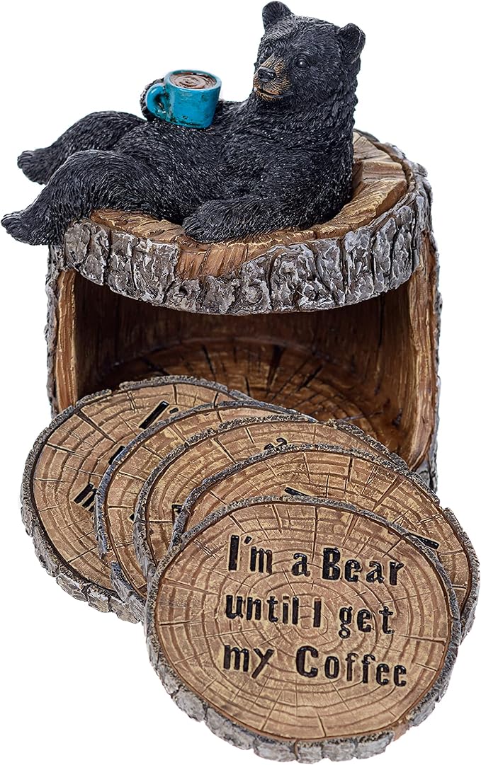 Pine Ridge Black Bear Coasters- Coaster Set for Kitchen, Den, Living Room Or Cabin for Drinks