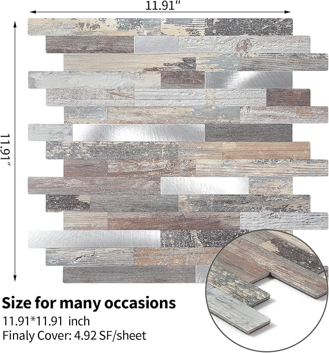 Yipscazo 2026 New Upgrade Peel and Stick Wood Metal Tile Backsplash, Stick on Tiles for Backsplash Kitchen, Bathroom (10 Sheets, Light Wood)