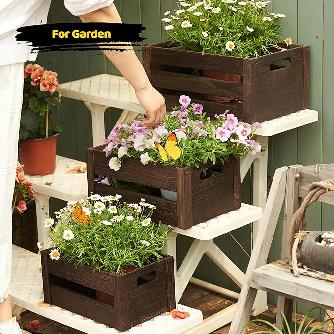 Edergoo Wooden Crates 3 Pack, Nesting Handmade Wood Crates for Storage, No Installation Wooden Storage Box with Cutout Handle for Display & Decor, Brown
