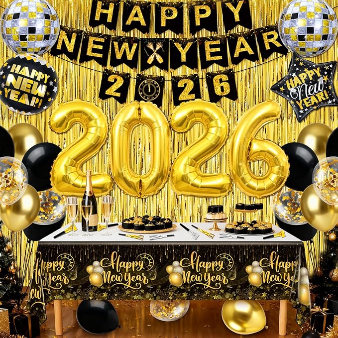 59PCS Happy New Year Party Supplies 2026-New Year Decorations 2026 with Happy New Year 2026 Banner Balloon Paper Glasses Cone Hat Fringe Curtains for Black Gold Happy New Years 2026 Decorations