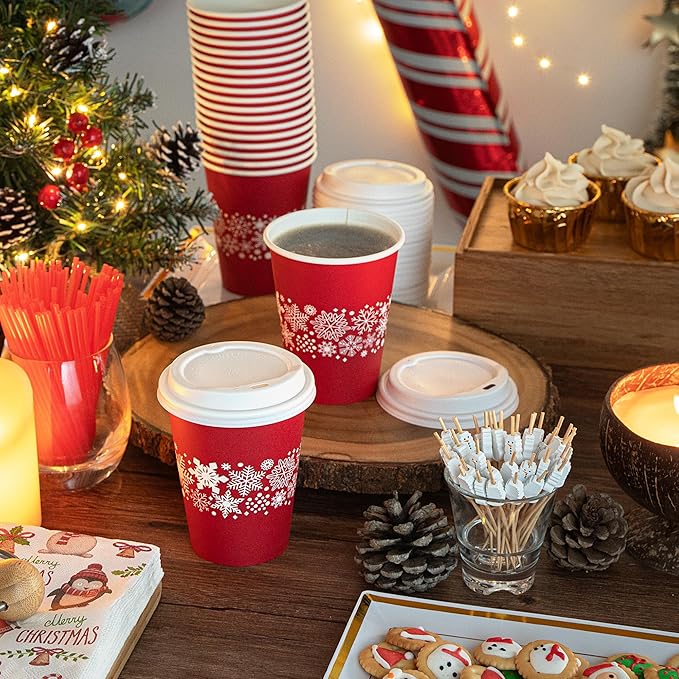 Restaurantware-Restpresso 12 Ounce Disposable Drinking Cups, 20 Hot Cups With Plastic Lids - Snowflake Design, Rolled Rim, Red Paper Coffee Cups, For Christmas Parties, Serve Hot And Cold Drinks