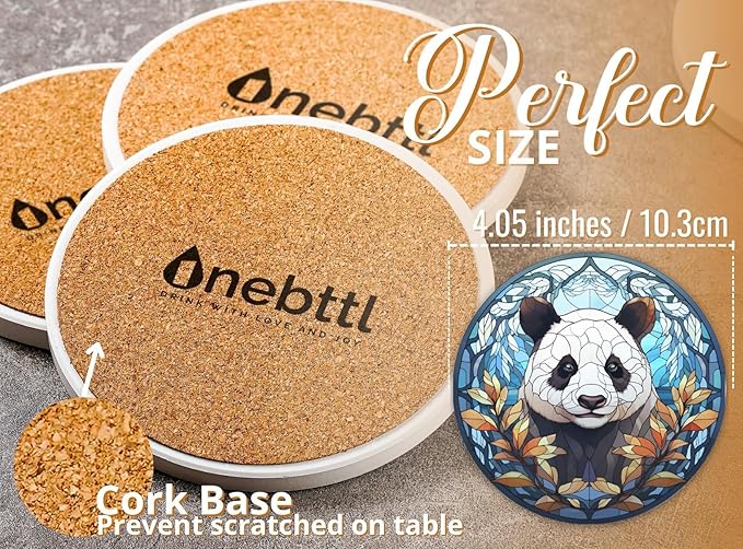 Panda Gifts for Girls Women Adults, Panda Coaster Home Decor for Birthday Christmas Thanksgiving, Set of 6, Ceramic, Absorbent with Cork Base