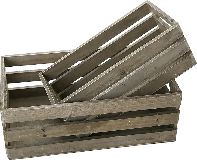 MyGift Rustic Brown Wood Decorative Storage Boxes with Cutout Handles - Country Style Nesting Crates, Open Top Pallet Design Bins, Set of 2