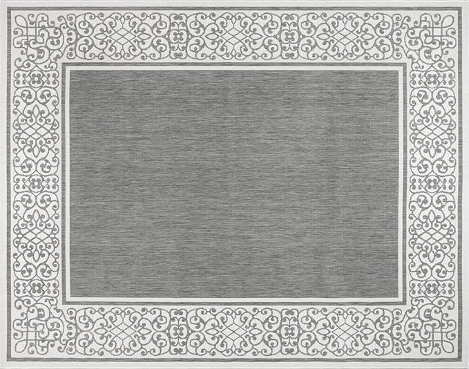 Gertmenian Indoor/Outdoor Flatweave Area Rug - 8x10 Large, Stain & UV Resistant, Ideal For Deck, Patio, Poolside, Mudroom - Abstract Border, Dark Grey White, 22947